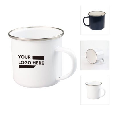 12oz White Enamel Mug Silver Rim With Case